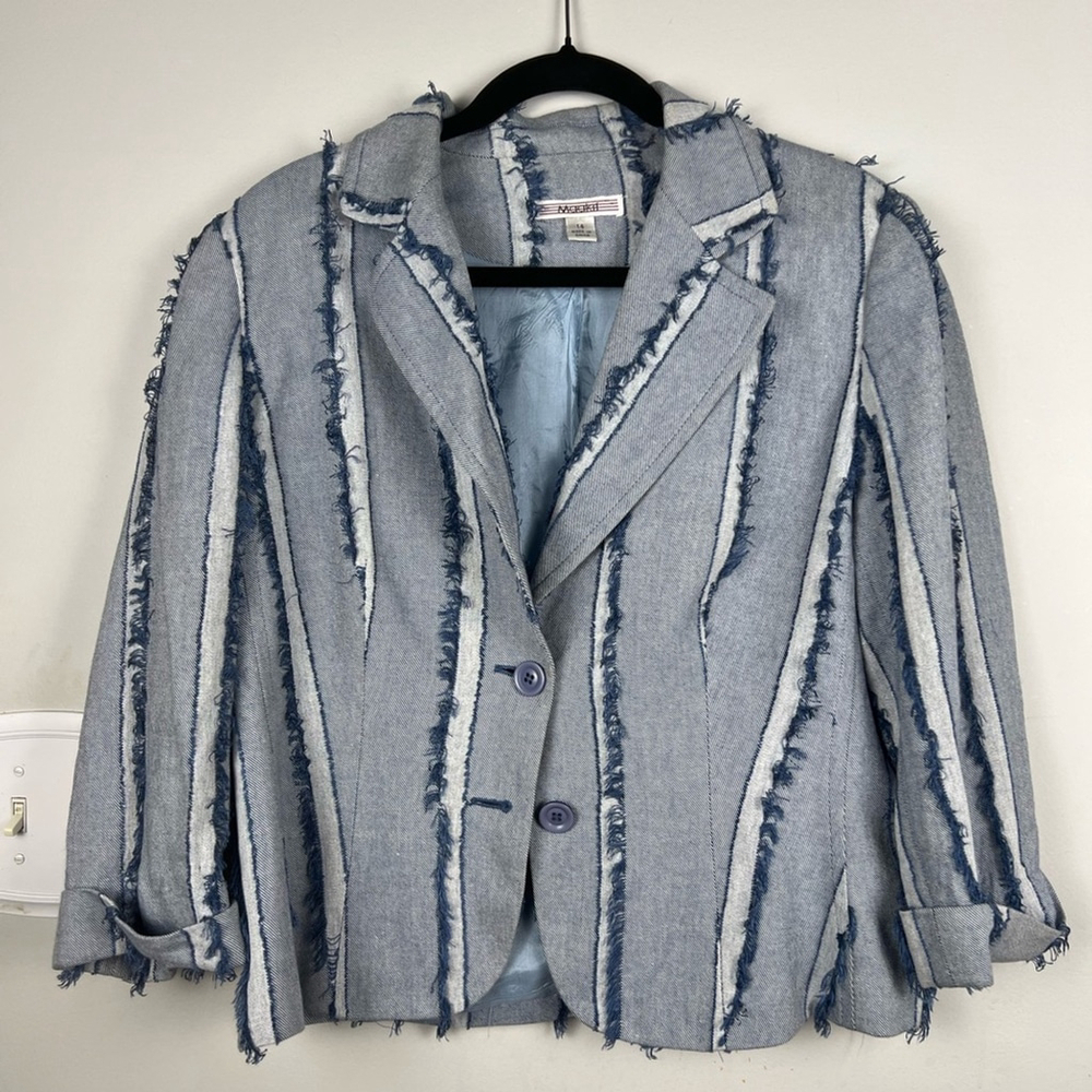 Maakif Denim Frayed Accent Blazer Jacket VTG Retro 80s Style